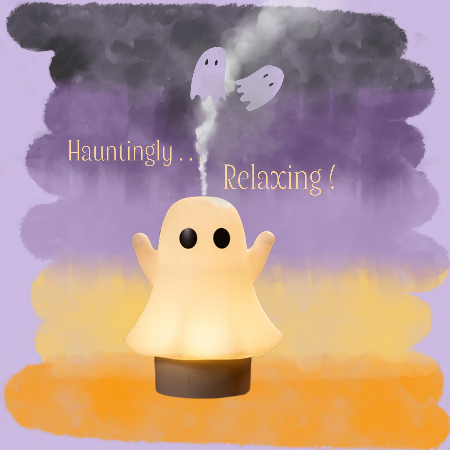 diffuseur aromathérapie en forme de fantôme mignon sur fond au couleur d'halloween avec écrit hauntingly relaxing