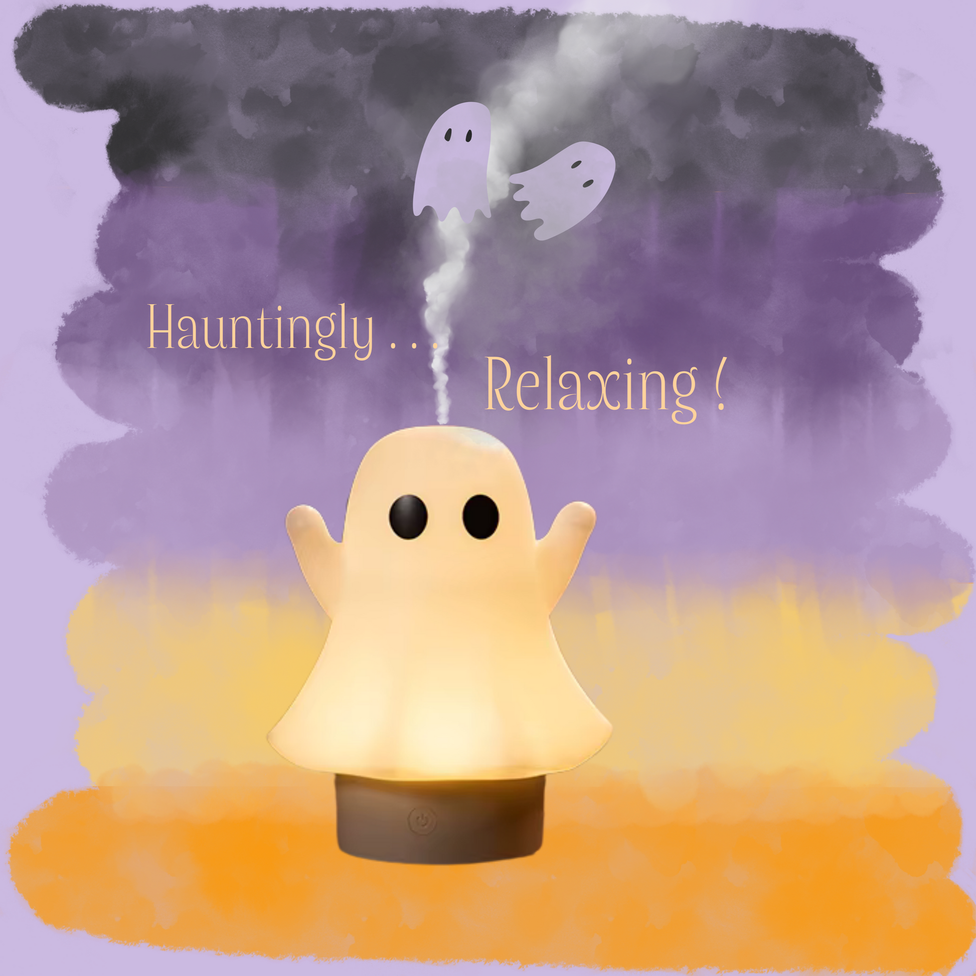 diffuseur aromathérapie en forme de fantôme mignon sur fond au couleur d'halloween avec écrit hauntingly relaxing