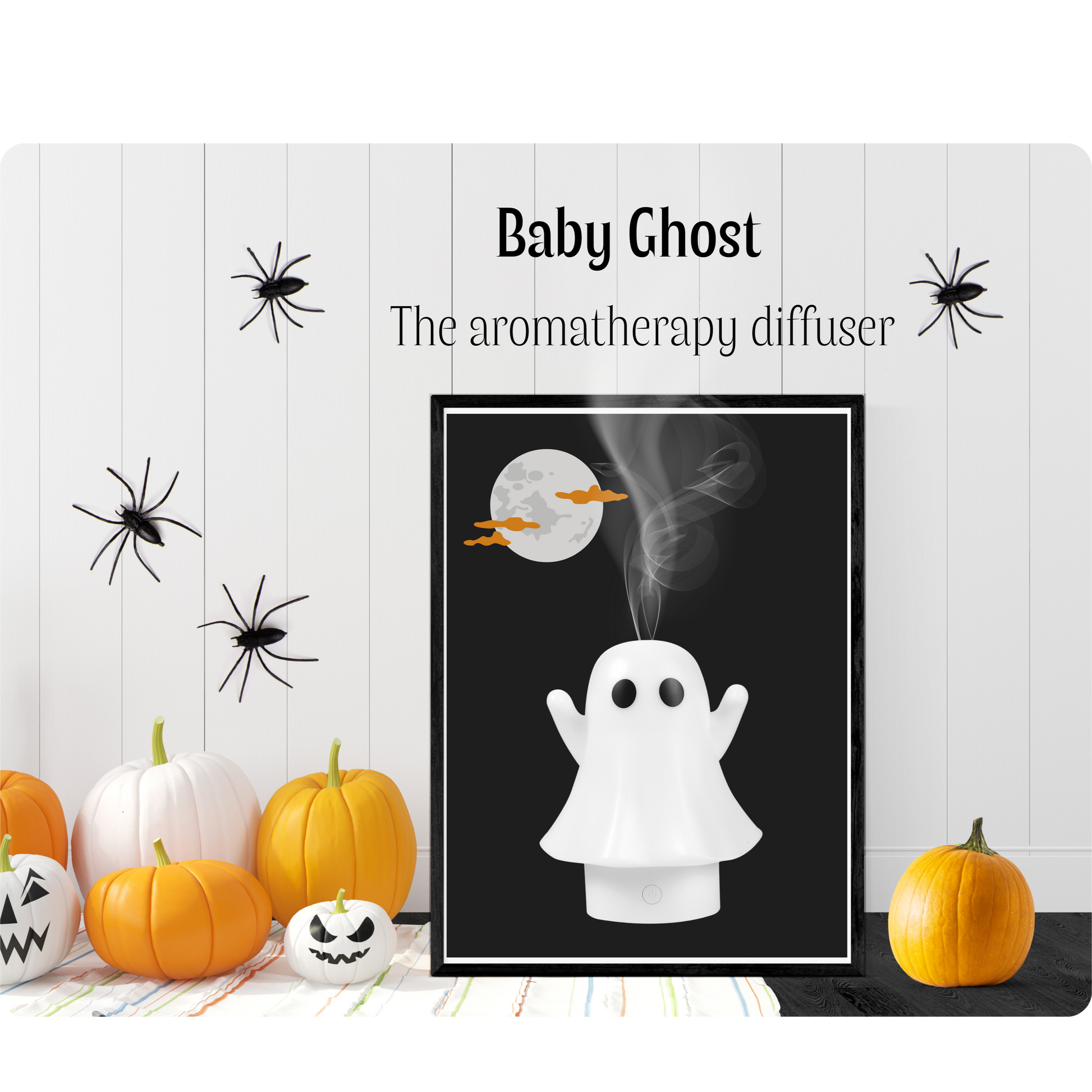 un diffuseur aromathérapie en forme de fantôme mignon sur un fond au thème d'halloween