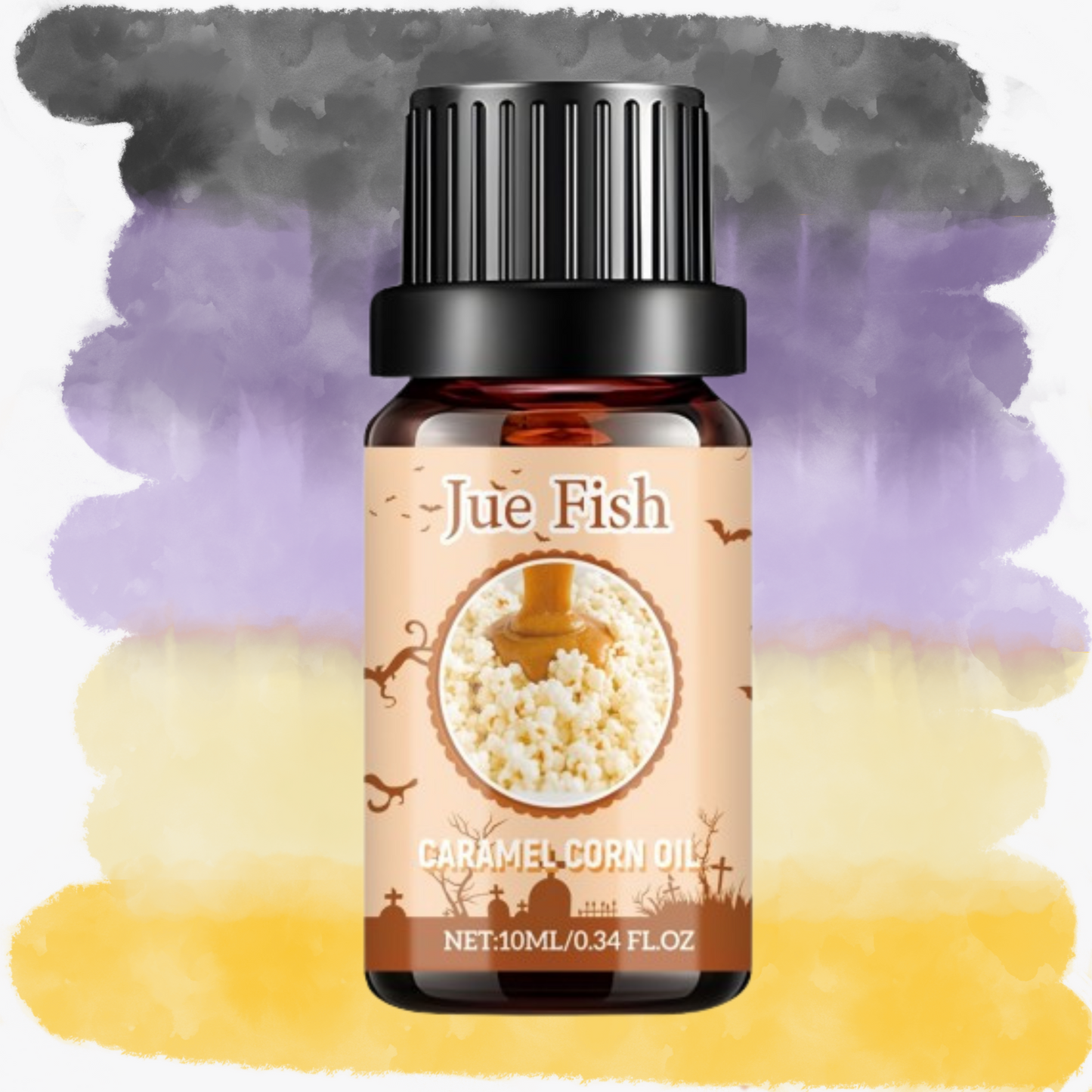 un flacon d'huile essentielle indiquant caramel corn