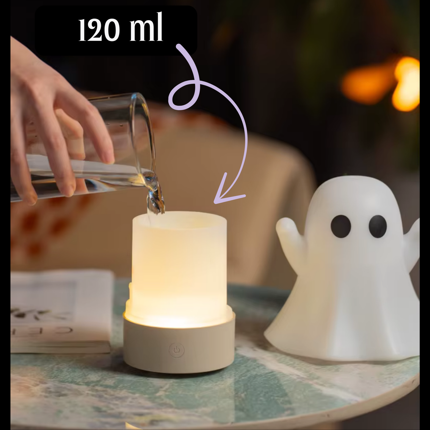 diffuseur aromathérapie en forme de fantôme, avec une flèche indiquant 120 ml