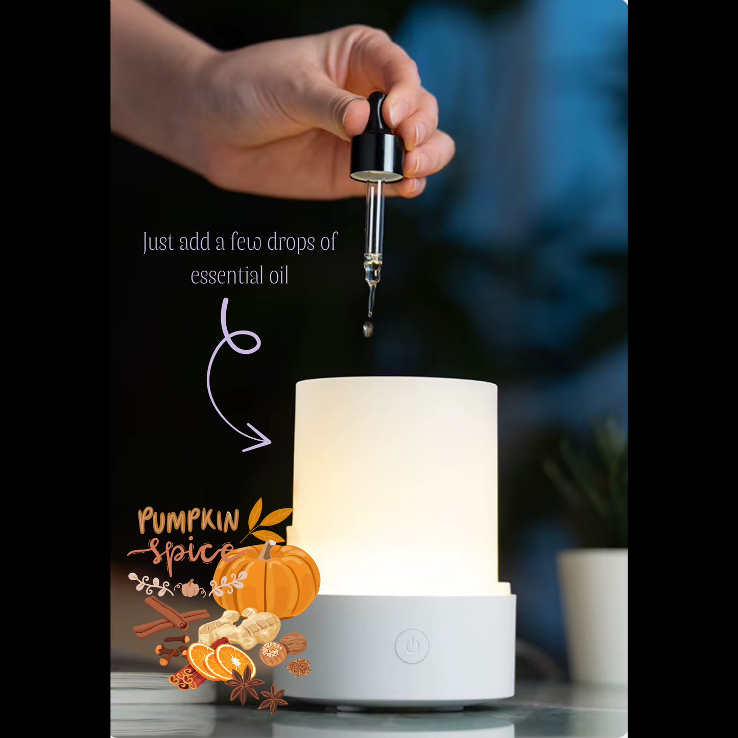 diffuseur aromathérapie ouvert avec une main tenant une pipette d'huile essentielle, en dessous est écrit pumpkin spice avec des illustrations de citrouilles, cannelle et autres épices d'automne