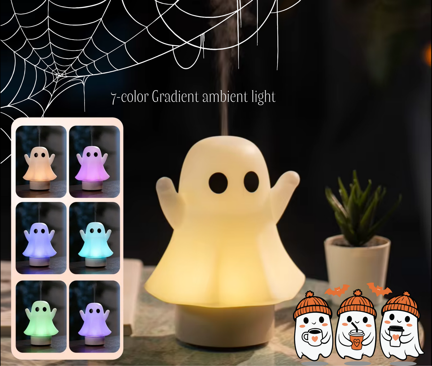 diffuseur aromatherapy en forme de fantôme avec 6 variations de couleurs des leds